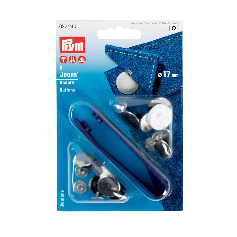 Prym Non-sew jeans buttons, smooth, 17mm, silver-coloured 8 piece