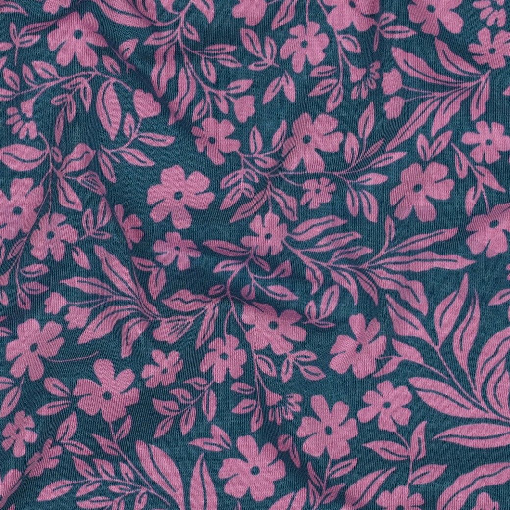 Cotton Jersey Fabric Flowers Petrol