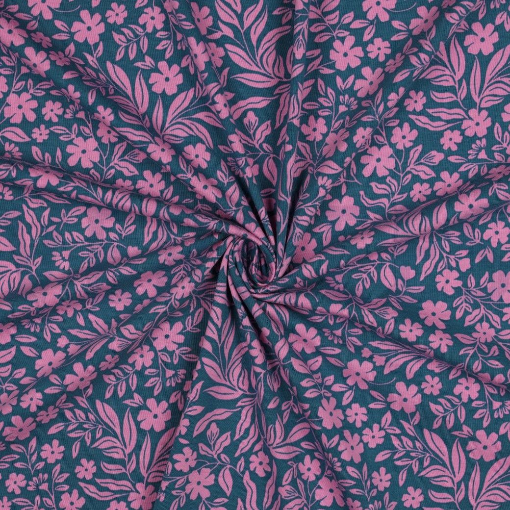 Cotton Jersey Fabric Flowers Petrol