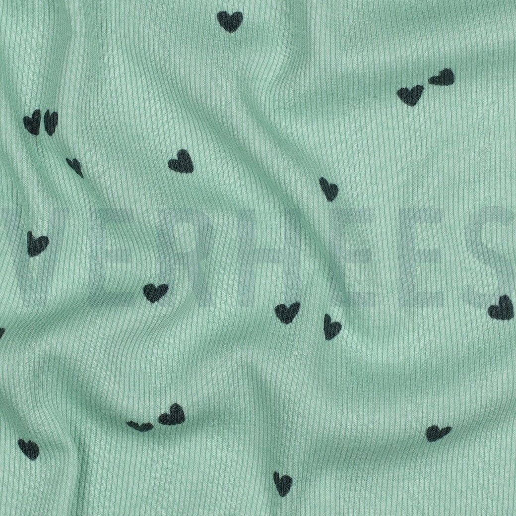 Ribbed Cotton Jersey Fabric Hearts Green