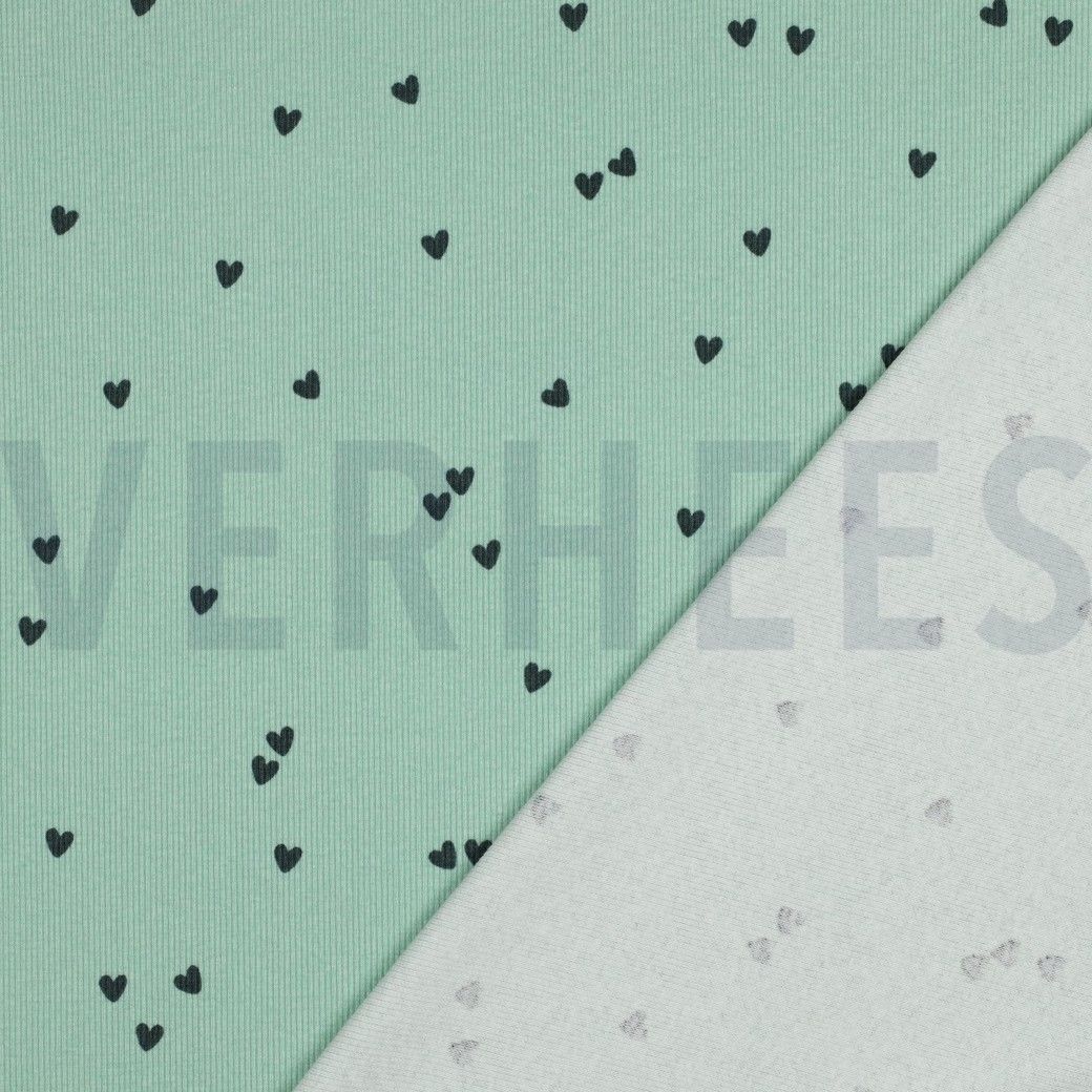 Ribbed Cotton Jersey Fabric Hearts Green