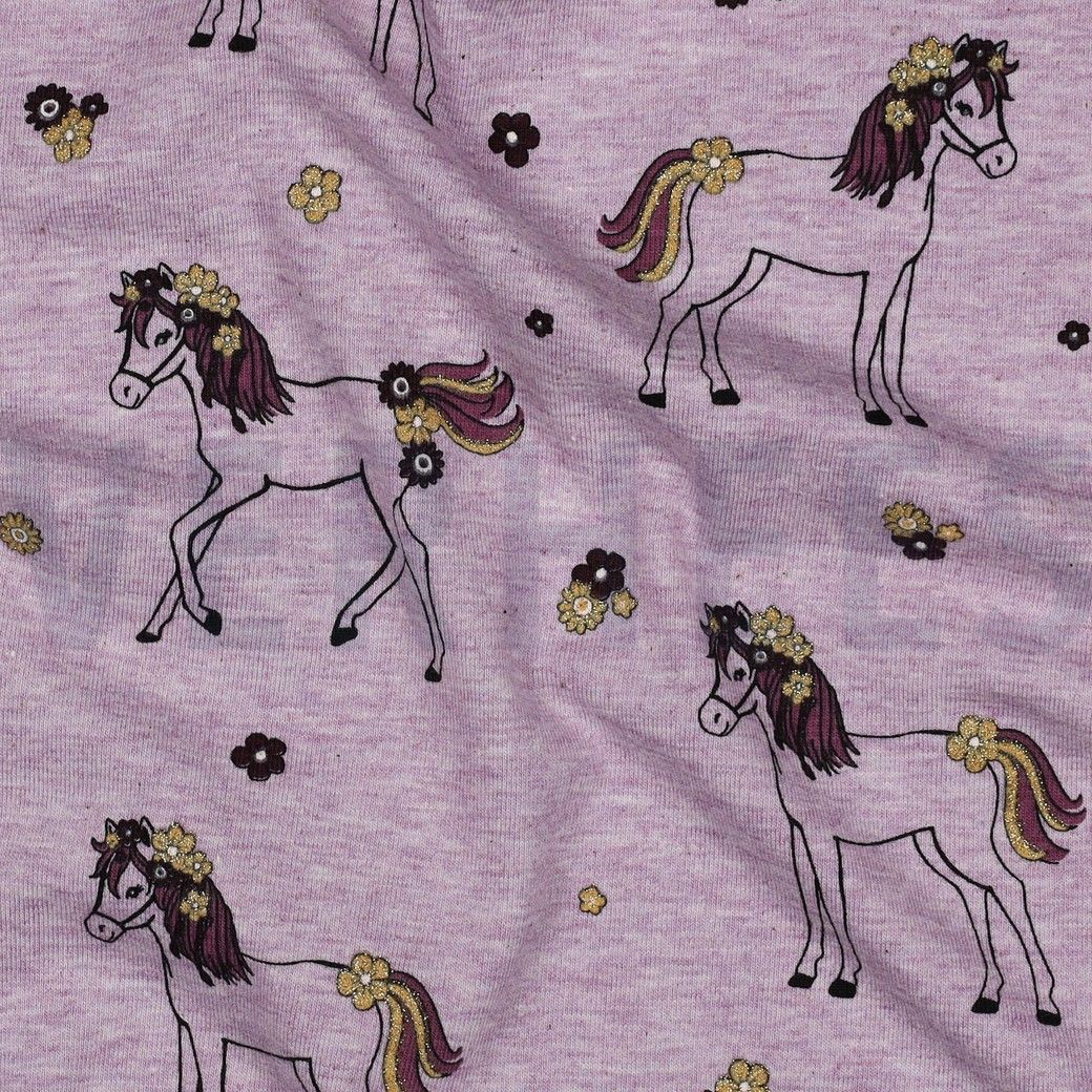 Cotton Jersey Melange Fabric Glitter Horses