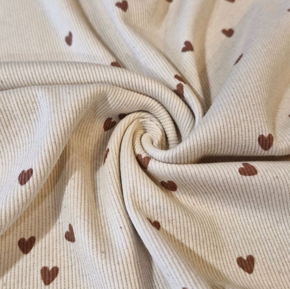 Ribbed Cotton Jersey Fabric Hearts Natural