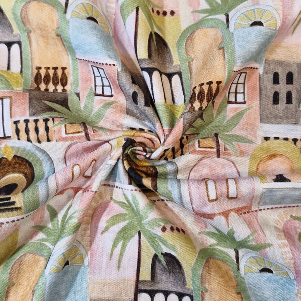 Cotton Canvas Fabric Tropical Cottages