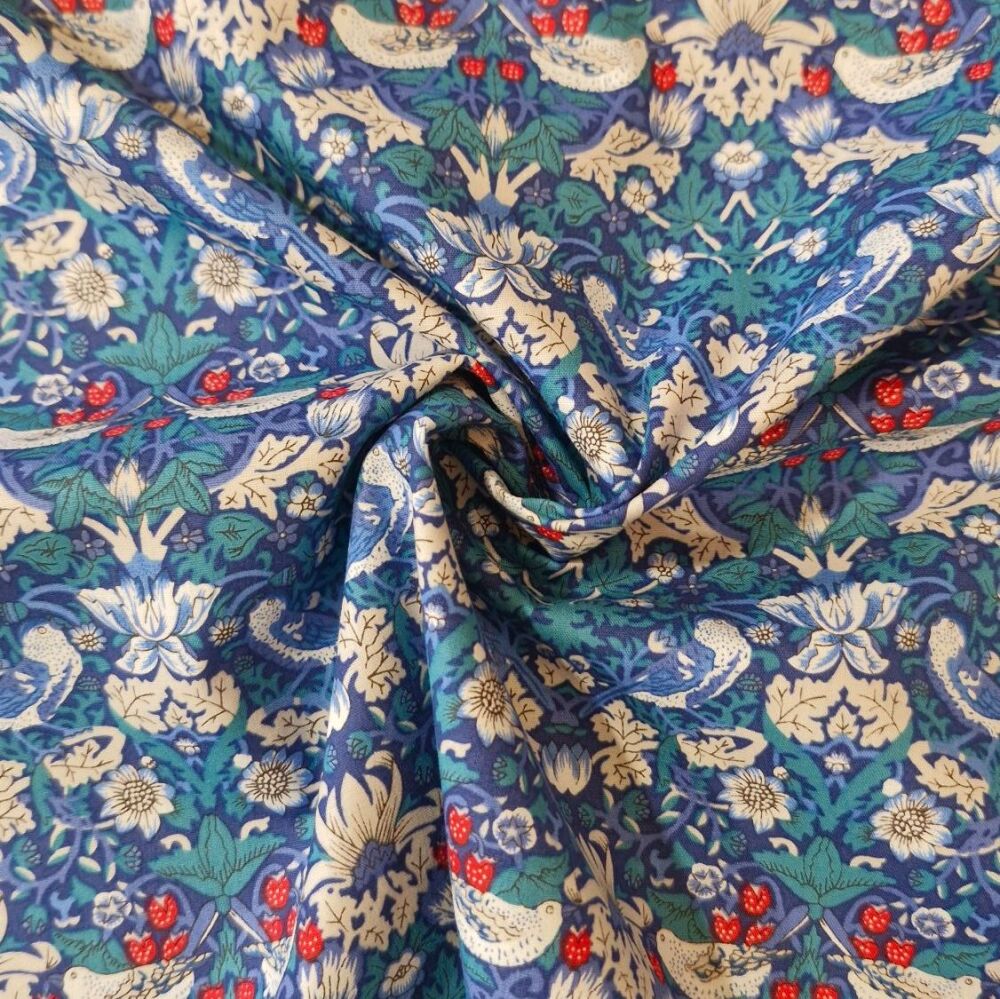 William Morris Cotton Fabric Strawberry Thief Blue