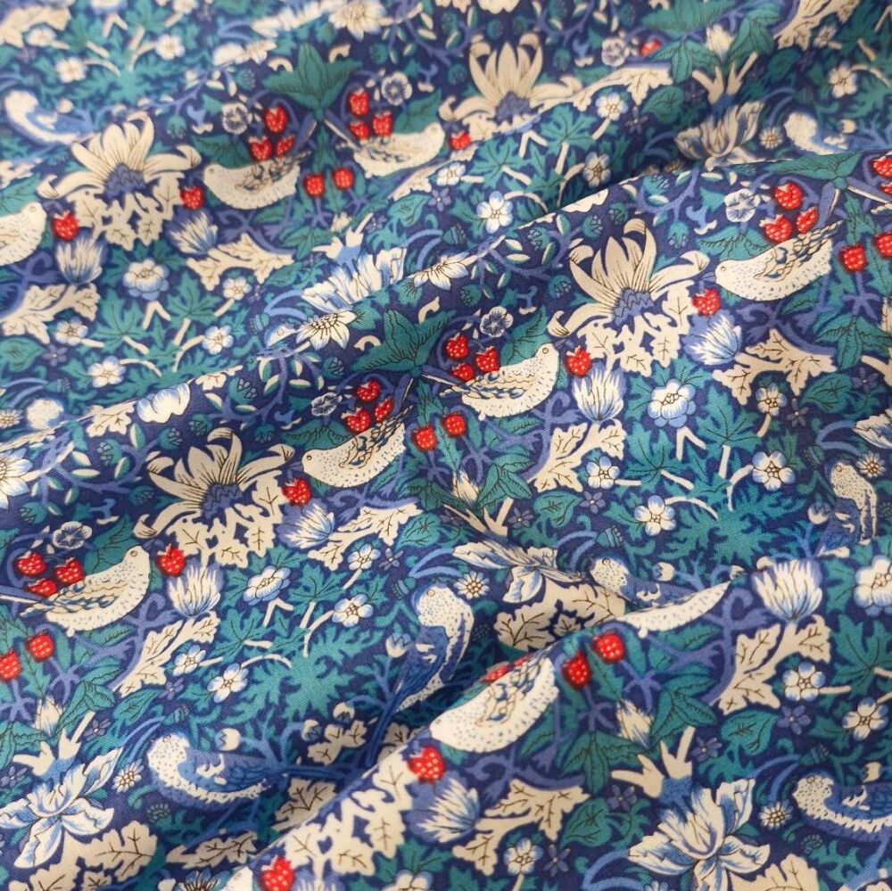 William Morris Cotton Fabric Strawberry Thief Blue