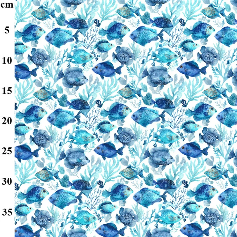 Cotton Poplin Fabric Fishes Sea Blues