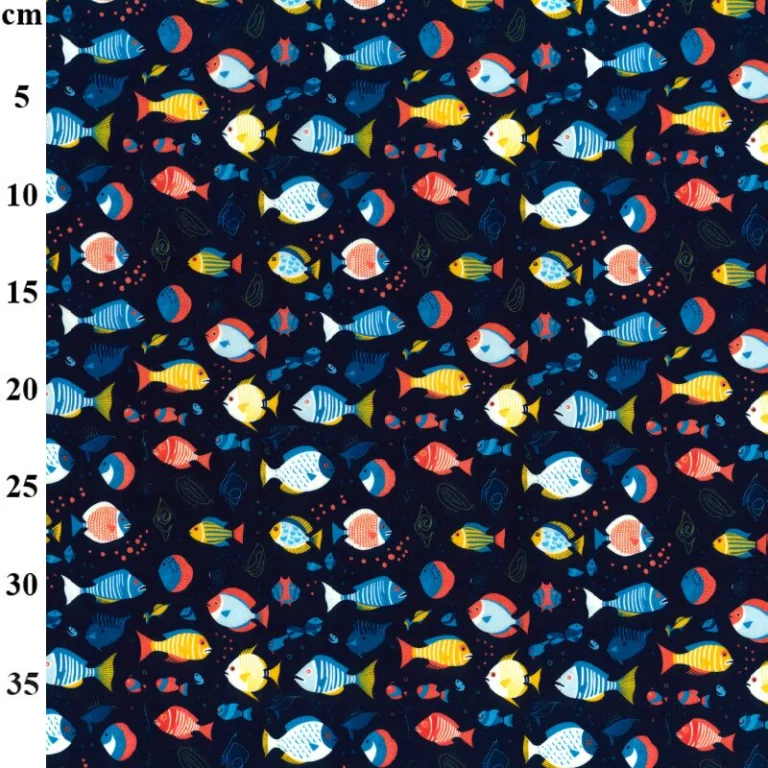 Cotton Poplin Fabric Fishes Dark Navy