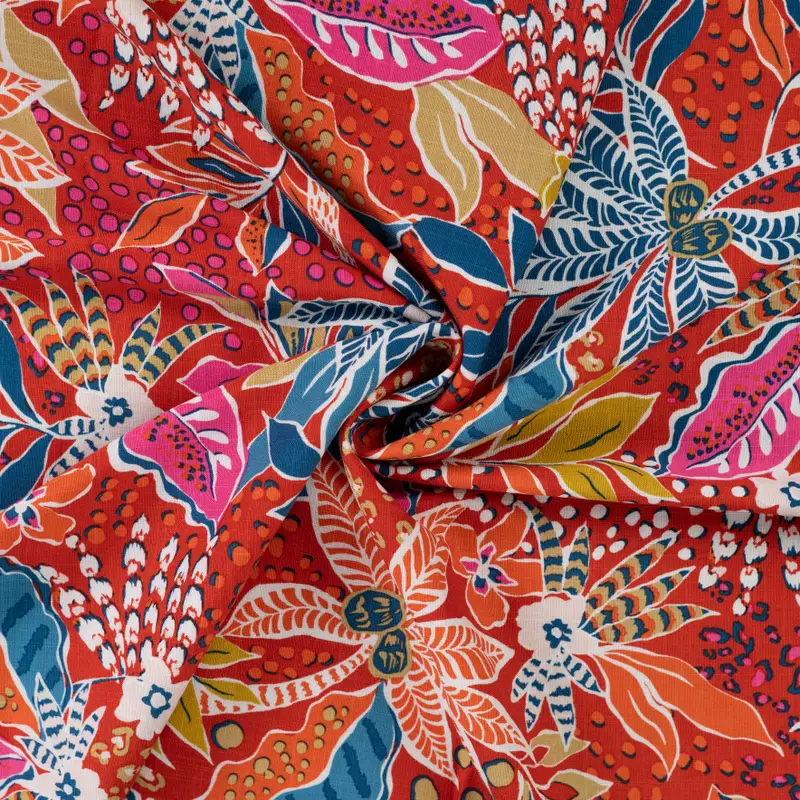 Rayon Slub Spandex Fabric &ndash; Flowers Rust
