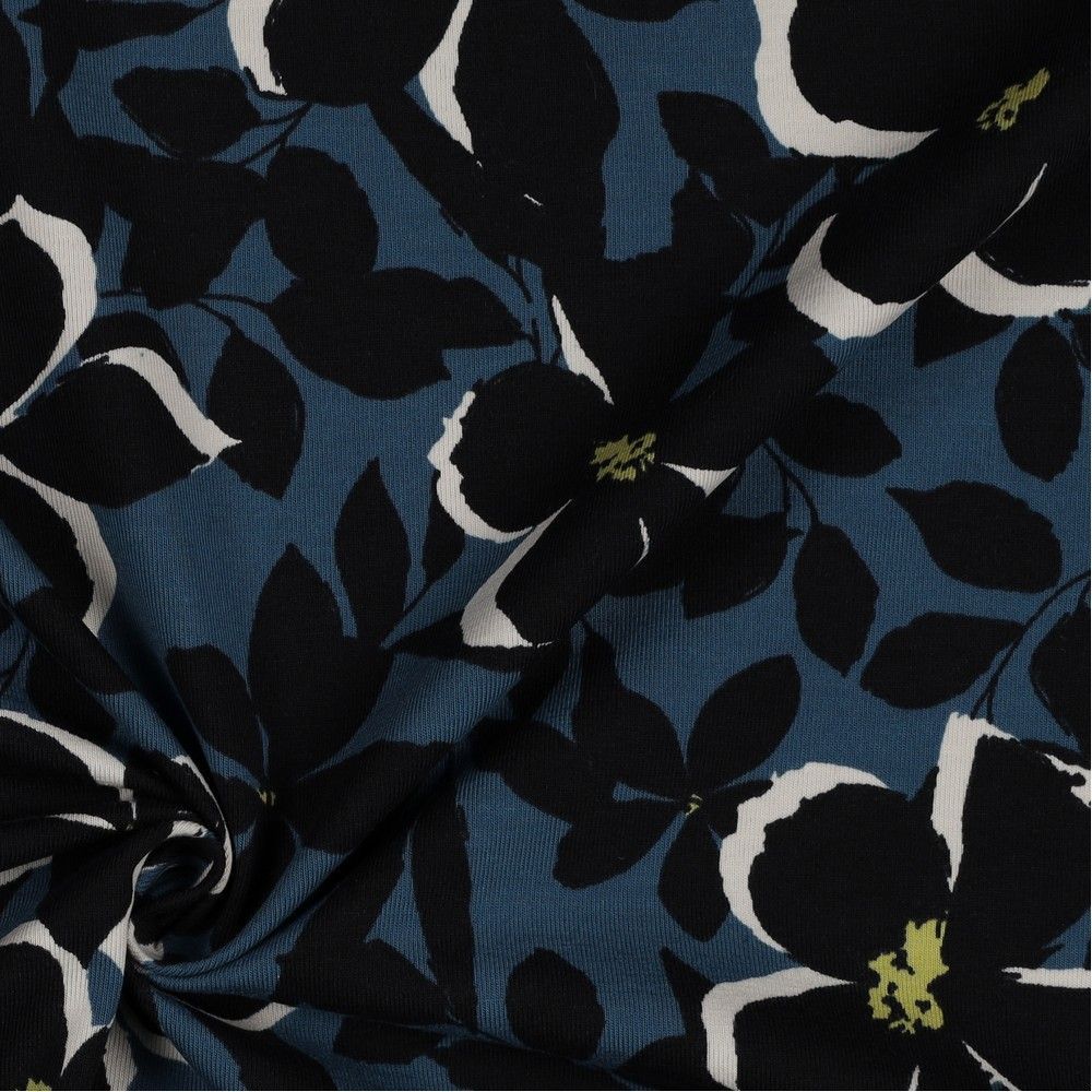 Cotton Jersey Flowers Navy