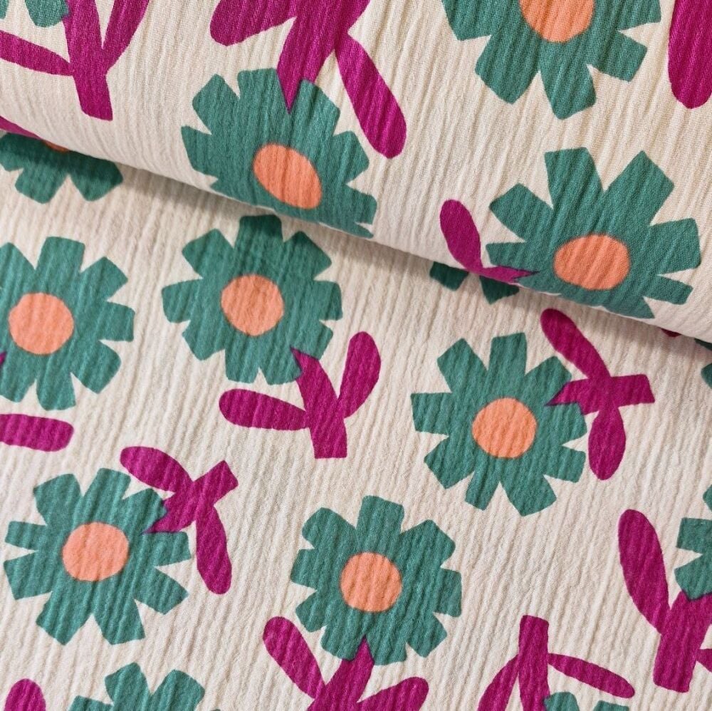 GOTS Floral Double Gauze Cotton &ndash; Natural/Green by Jennifer Bouron