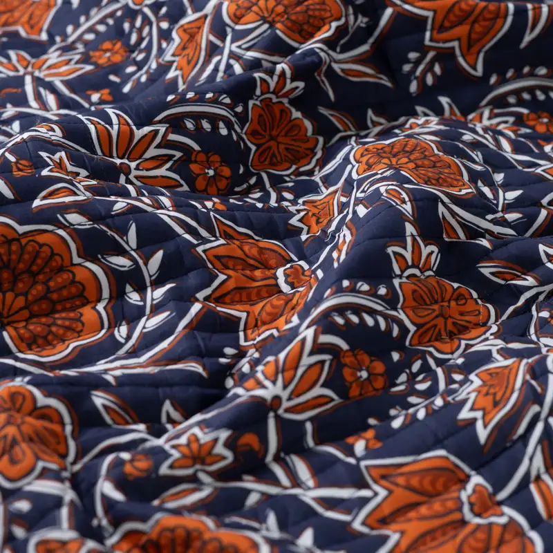 Quilted Cotton Fabric Double Sided Ethnic Flowers Cognac Navy