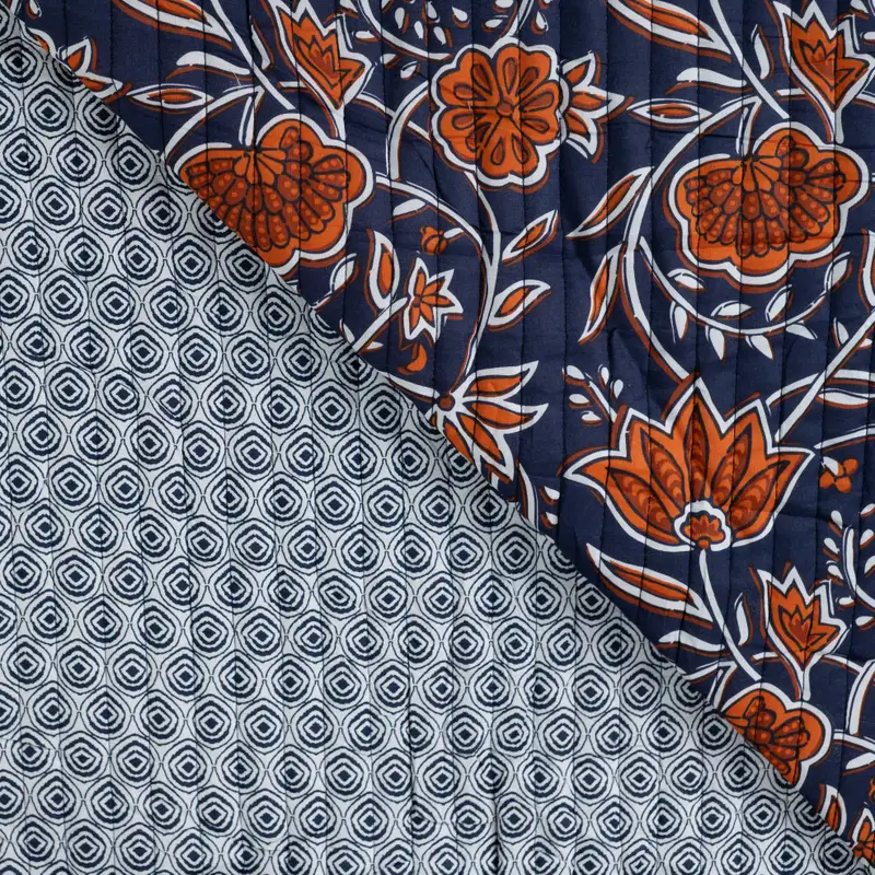 Quilted Cotton Fabric Double Sided Ethnic Flowers Cognac Navy