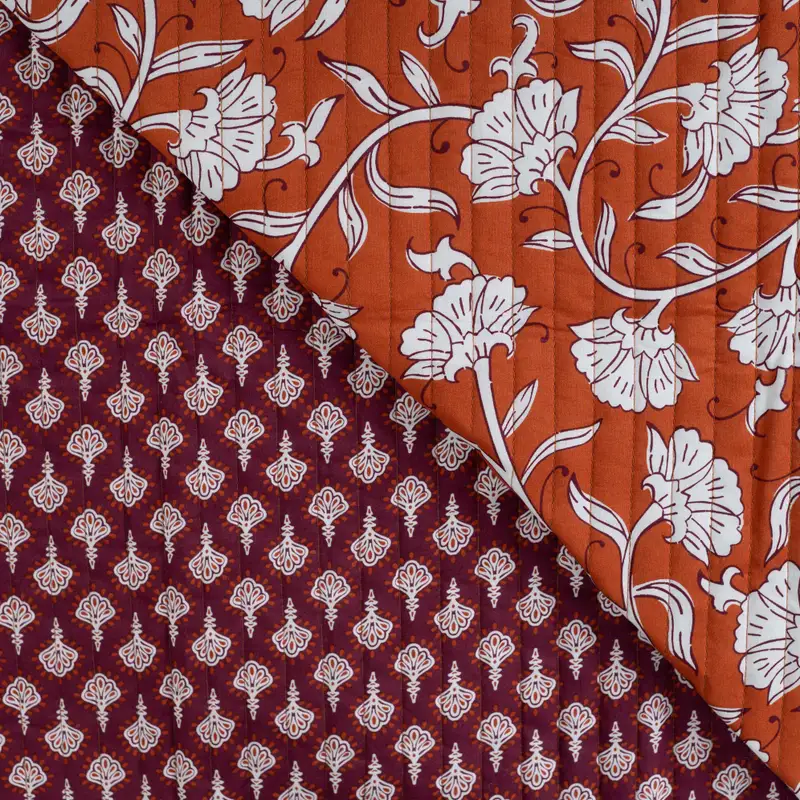 Quilted Cotton Fabric Double Sided Ethnic Flowers Cognac Rust