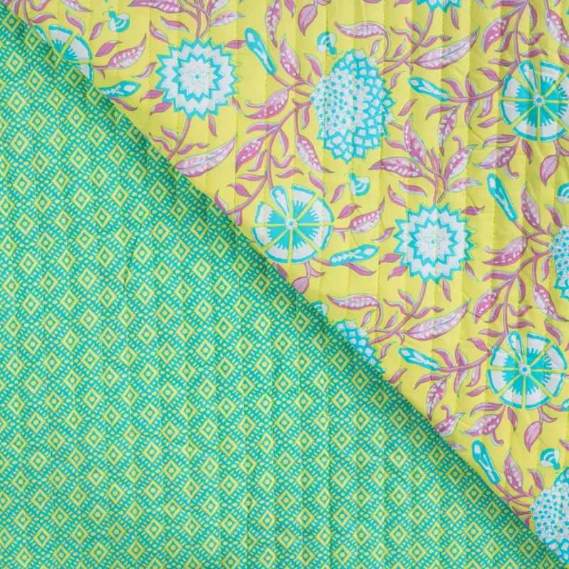 Quilted Cotton Fabric Double Sided Flowers Abstract Yellow