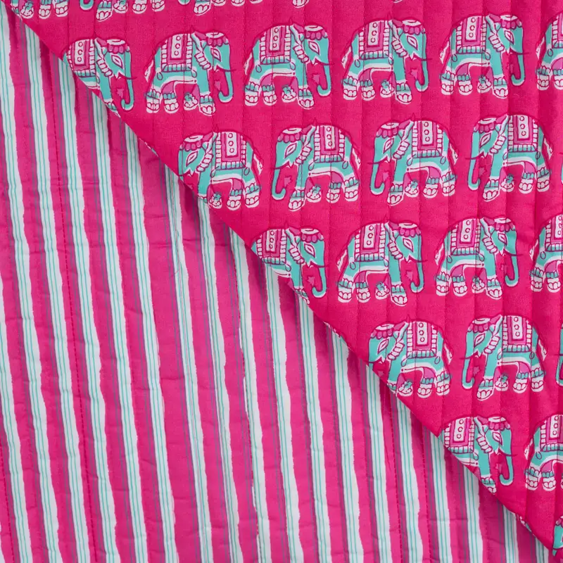 Quilted Cotton Fabric Double Sided Elephants Hot Pink