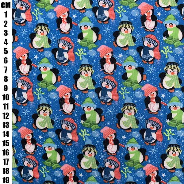 Polycotton Fabric Christmas Penguins Blue