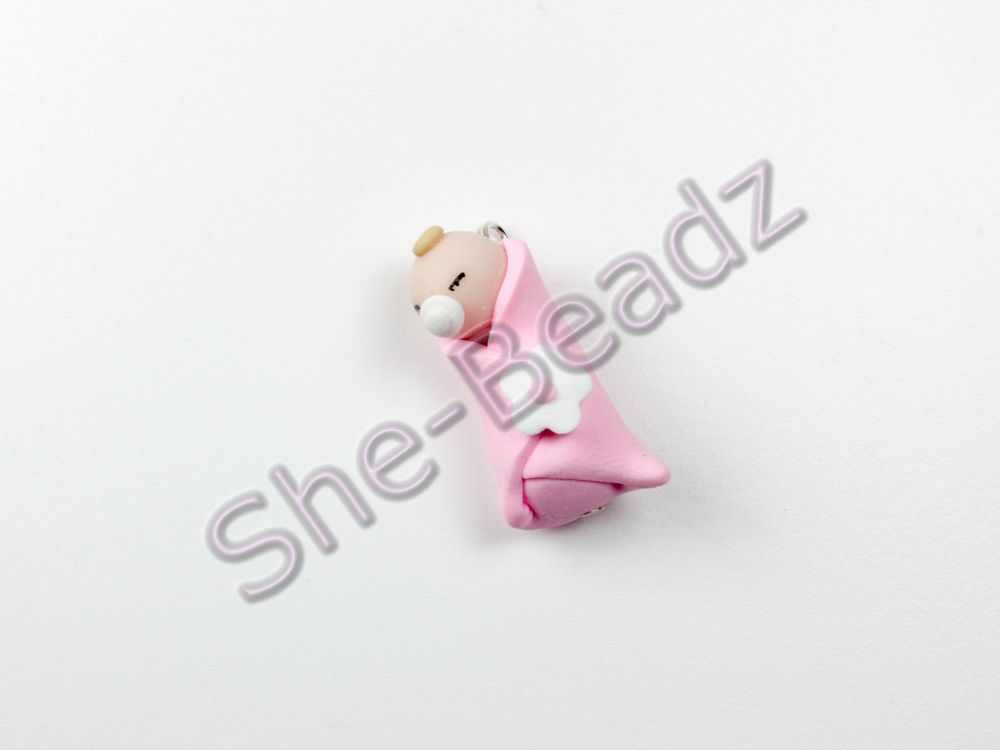Fimo Miniature Artisan Pink Baby in Blanket Charm Pk 1