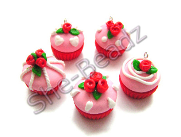 Fimo Valentine Rose Cupcake Charm  Beads Pk 5