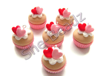 Fimo Valentine Cupcake Charm  Beads with Heart Tops Pk 6