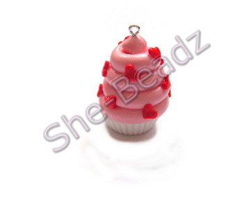 Fimo Large Pink Heart Cupcake Charms Pk 5
