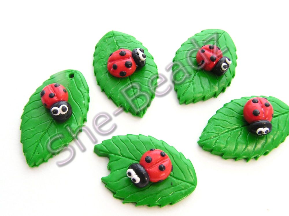 Fimo Ladybird on a Leaf Charm Pendants Pk 5