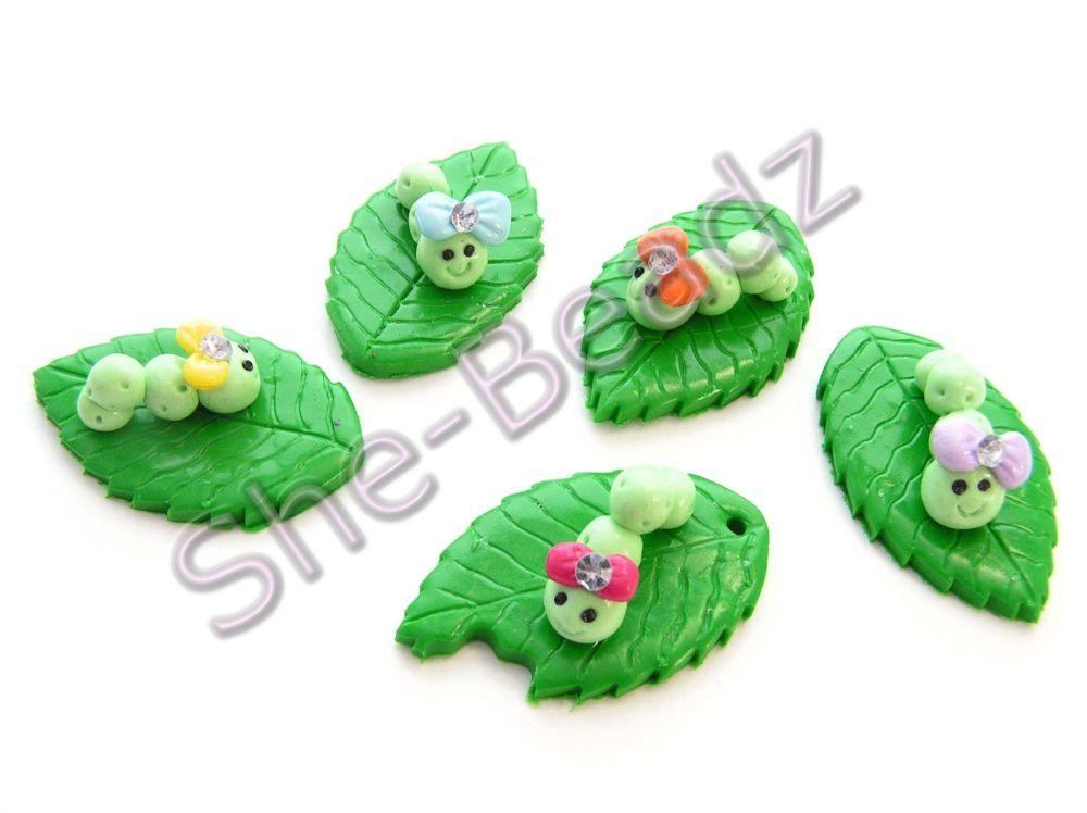 Fimo Caterpillar on a Leaf Charm Pendants Pk 5