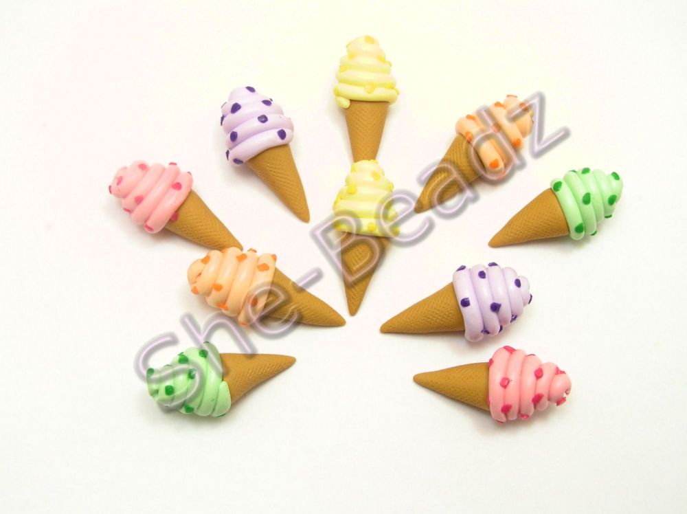 Fimo Ice Cream Cone Charm Beads with Sprinkles Pk 10