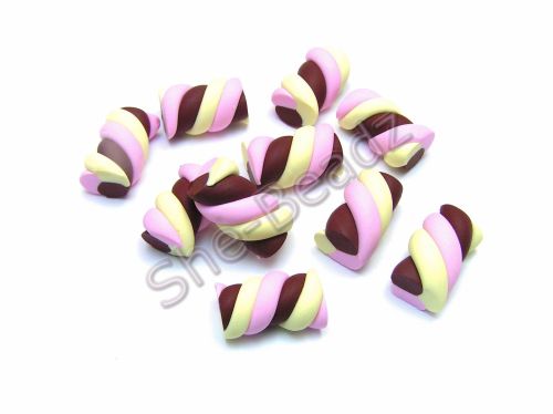 Fimo Flump Marshmallow Charm Beads Pink Yellow & Brown Pk 10