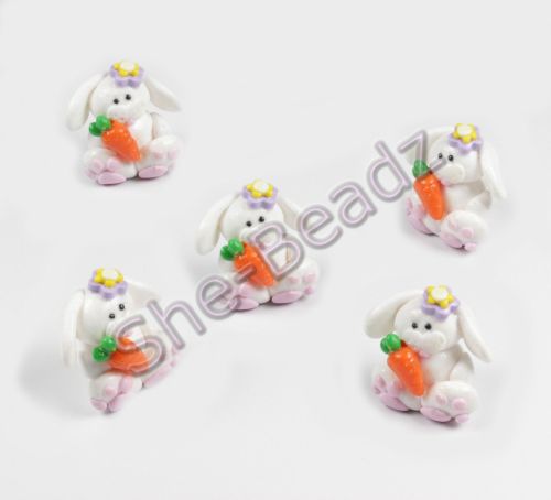 Fimo Tiny White Rabbit Charms with Carrot Pk 5