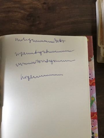 Handwriting in notebook, mostly illegible 