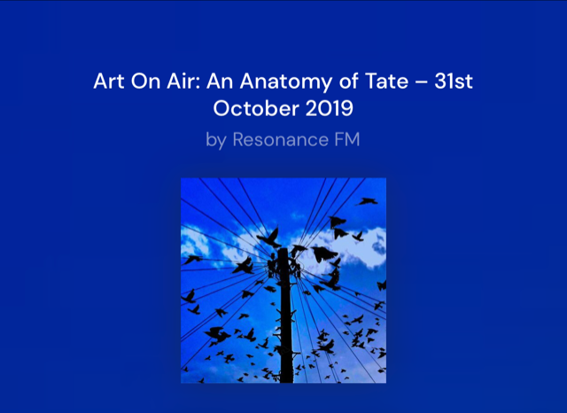 White text on blue background: Art On Air: An anatomy of Tate. an image of birds flying around a telephone pole.  