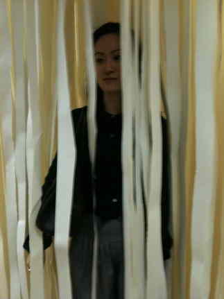 A woman can be seen behind strips of white paper hanging from the ceiling 