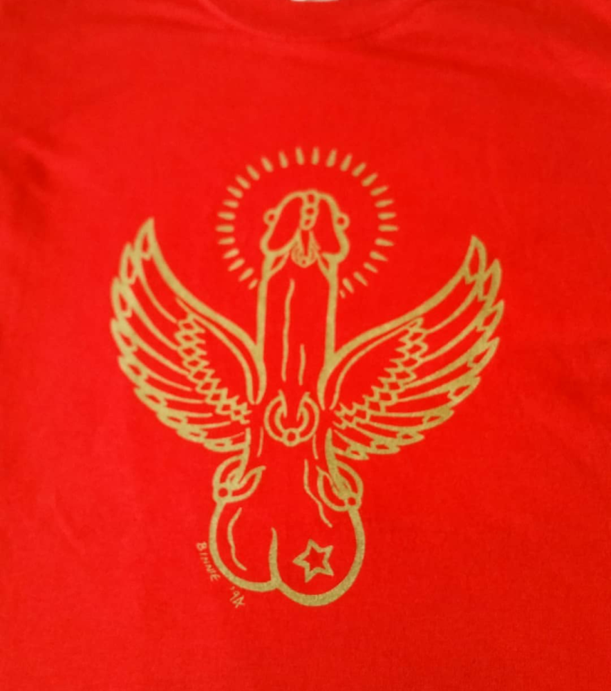 Iconic Flying Cock Tee shirt Gold print on Red Size M