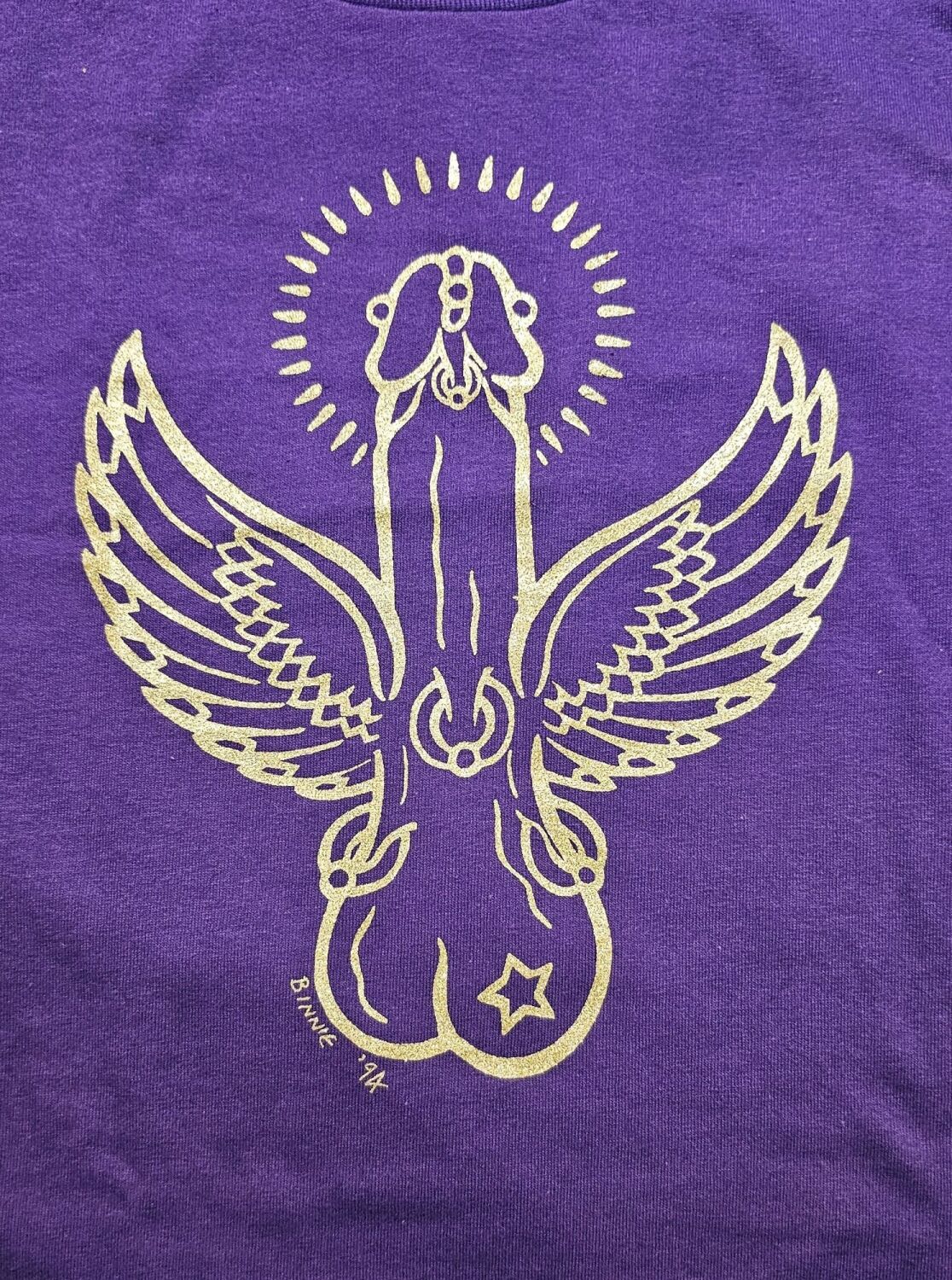 Iconic Flying cock Tee shirt  Gold on purple size M