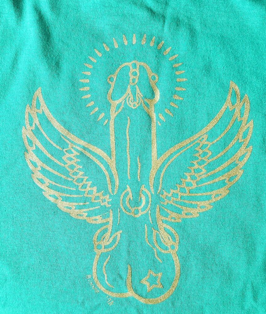 Iconic Flying cock Tee shirt  Gold on Emerald Green size L