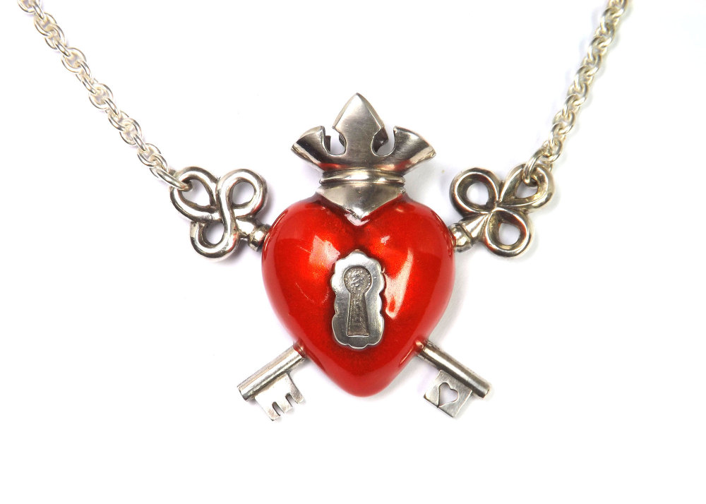 Crown heart and keys, silver and enamel necklace