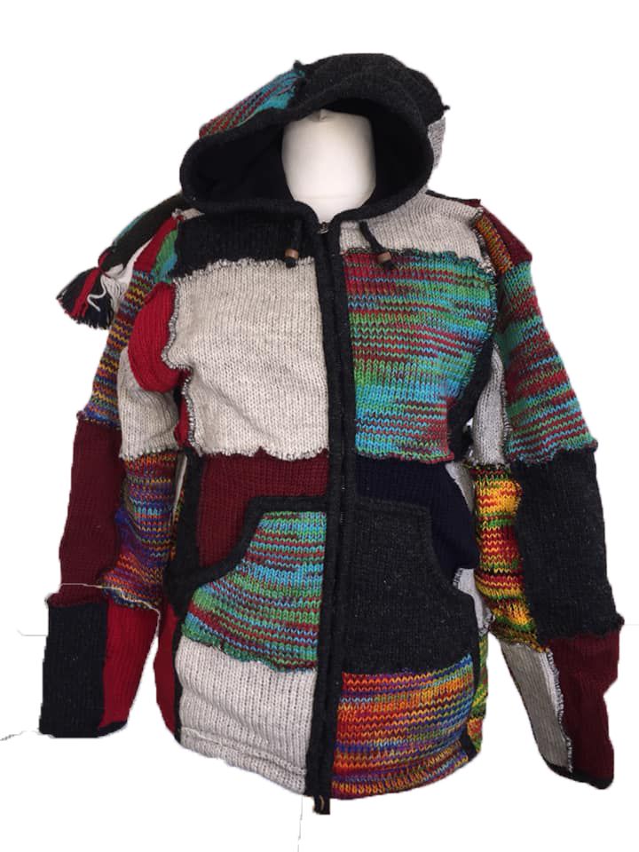 Funky fleece lined woolie with pixie hood [46 inches chest/bust length appr