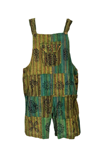 Pretty green boho festival hippy patchwork dungaree shorts
