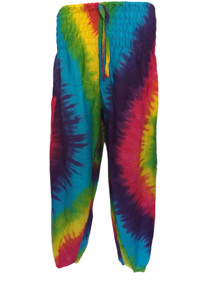 Hippy festival RAYNIE rainbow tie dye harem trousers [waist approx 20-36 in