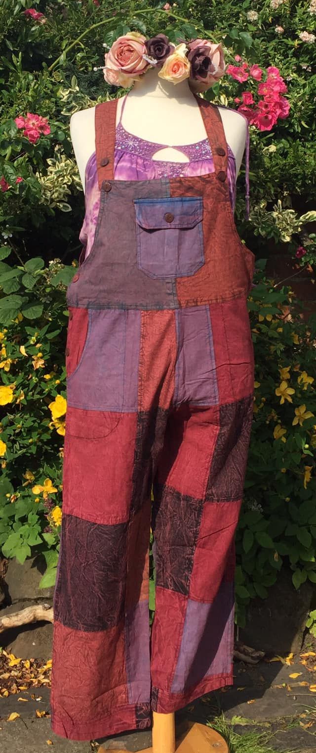 Straight leg  stone wash  patchwork dungarees     16-20