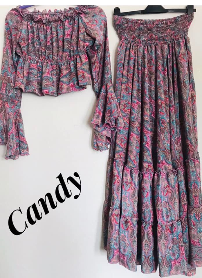 Rhiannon co ord set  , CROP top and skirt {candy]