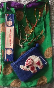Recycled silk bag with Incense, a felt purse, bell bracelet and Indian ankle bracelet