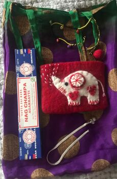 Recycled silk bag with Incense, a felt purse, bell bracelet and Indian ankle bracelet
