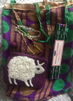 Recycled silk bag with Incense, a felt purse, bell bracelet and Indian ankle bracelet