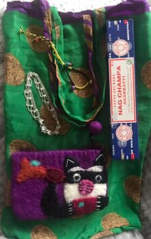 Recycled silk bag with Incense, a felt purse, bell bracelet and Indian ankle bracelet