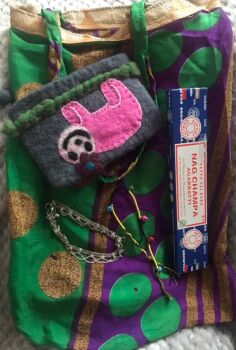 Recycled silk bag with Incense, a felt purse, bell bracelet and Indian ankle bracelet