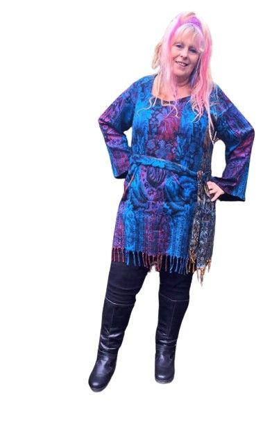 Pixie hooded Elowen  tunic fringed  dress with belt [blue with red]