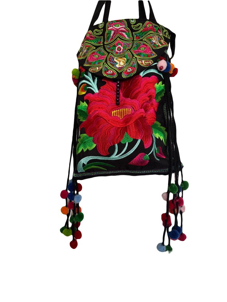 Large bohemian embroidered Pom Pom bag