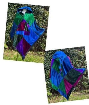 Gorgeous lined patchwork velvety  pixie hood poncho